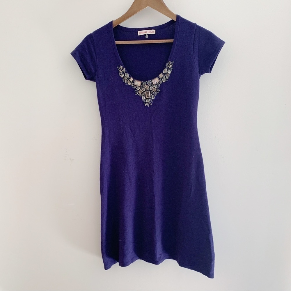 Rebecca Taylor Jeweled Neck Blue Knit Shift Dress XS